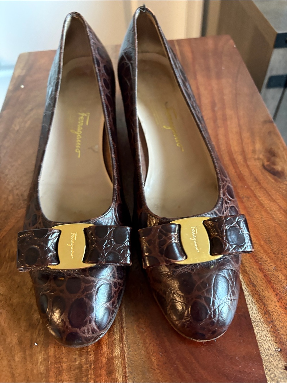 Salvatore Ferragamo Dark Brown Croc-Embossed Vara Bow Flats